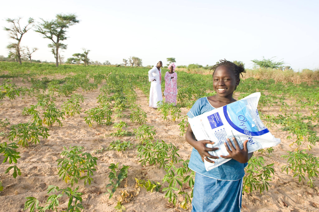 A woman carries goods across a field in Africa. Shoo for Good's partner, Nothing But Nets, helps fund protection for families at risk of malaria. 