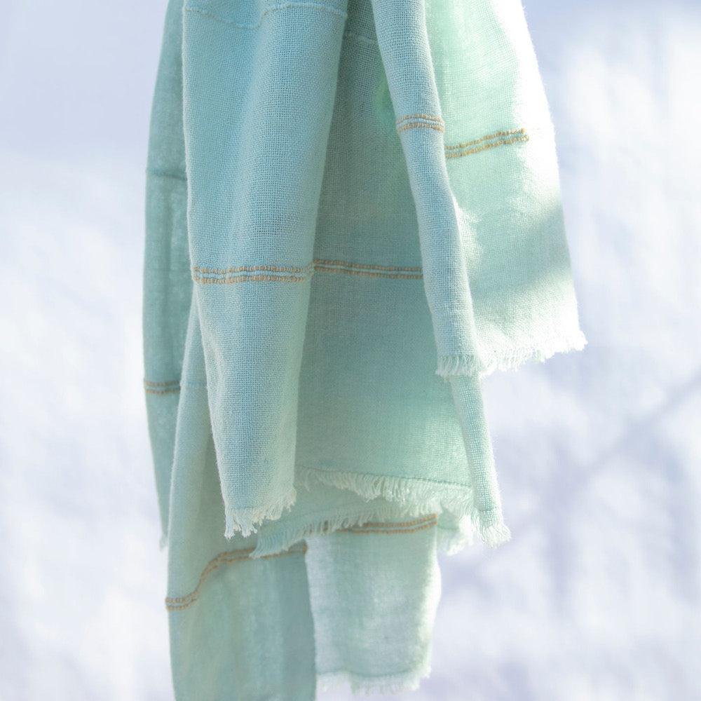 A detail photo of our mosquito-repellent Camellia shawl in sea glass green. Insect Shield permethrin is bound to the fibers of the scarf and is effective for 70 washings. Invisible mosquito protection. An Oprah favorite.